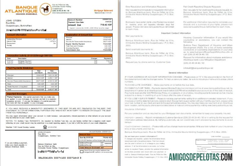 Extrato de hipoteca do Banco Banque Atlantique de Burkina Faso, 2 páginas, 1 2 Scr amostra